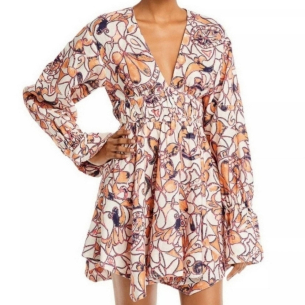 A.L.C. V-Neck Tiered Mini Dress in White and Peach